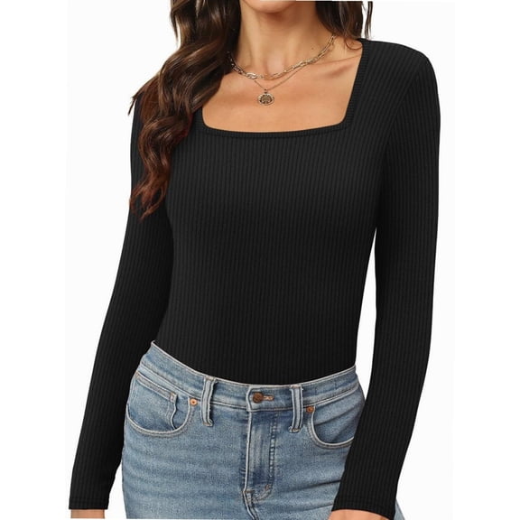 Women's Sexy Long Sleeve Shirts Square Neck Going Out Tops Basic Fall Fashion Slim Fit T Shirts Blouses