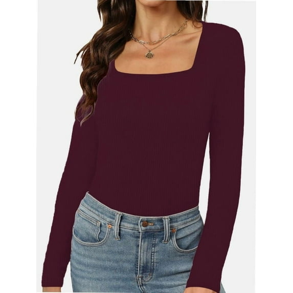 Women's Sexy Long Sleeve Shirts Square Neck Going Out Tops Basic Fall Fashion Slim Fit T Shirts Blouses