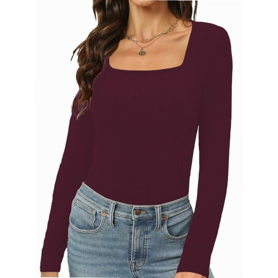 Women's Sexy Long Sleeve Shirts Square Neck Going Out Tops Basic Fall Fashion Slim Fit T Shirts Blouses