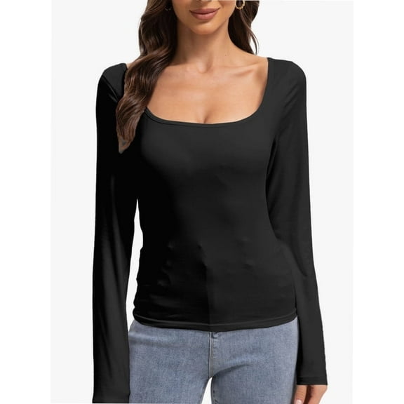 Women's Sexy Long Sleeve Square Neck Tops Slim Fitted Basic Shirts
