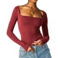 thumbnail image 1 of Women's Sexy Long Sleeve Square Neck Tops Slim Fitted Double Lined Basic Shirts, 1 of 3