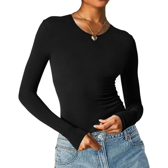 Women's Sexy Long Sleeve Square Neck Tops Slim Fitted Double Lined Basic Shirts