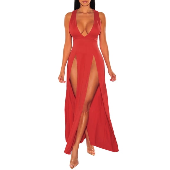 Women's Sexy Long Summer Dress Deep V Neck Nightclub Party Evening Gown Elegant Slit Casual Outfit