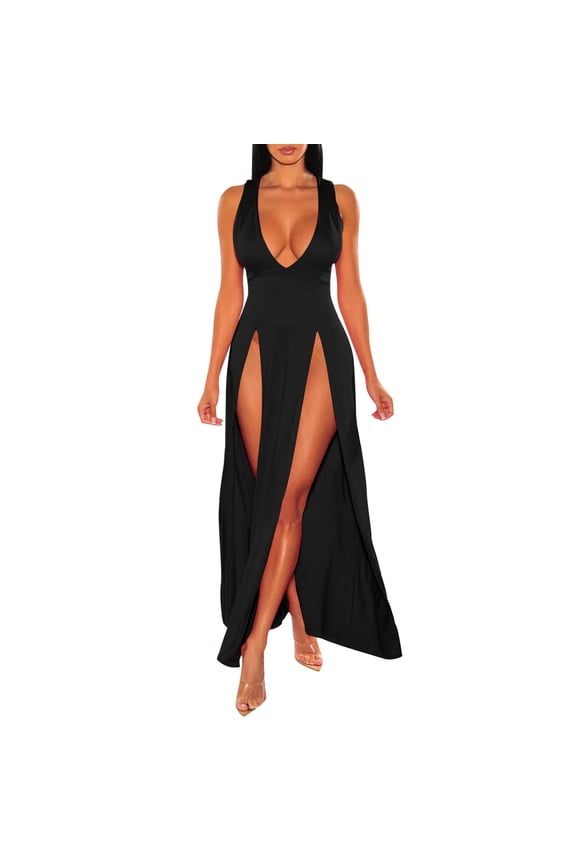 Women's Sexy Long Summer Dress Deep V Neck Nightclub Party Evening Gown Elegant Slit Casual Outfit