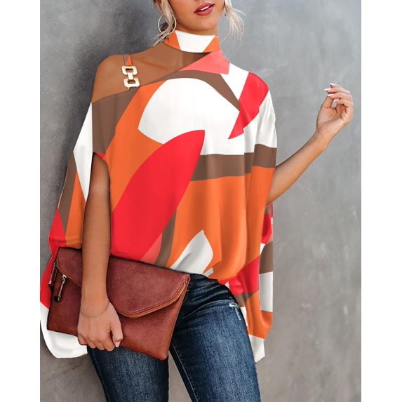 Women's Sexy Loose Blouse 2024 Summer Shirt Open-shoulder Hollowed-out Short Sleeve Chain Neck Print Top Femme Blouse Топ Летний