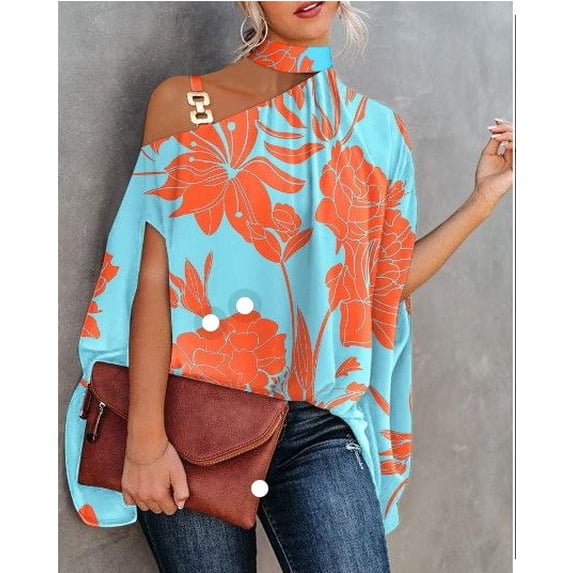 Women's Sexy Loose Blouse 2024 Summer Shirt Open-shoulder Hollowed-out Short Sleeve Chain Neck Print Top Femme Blouse Топ Летний