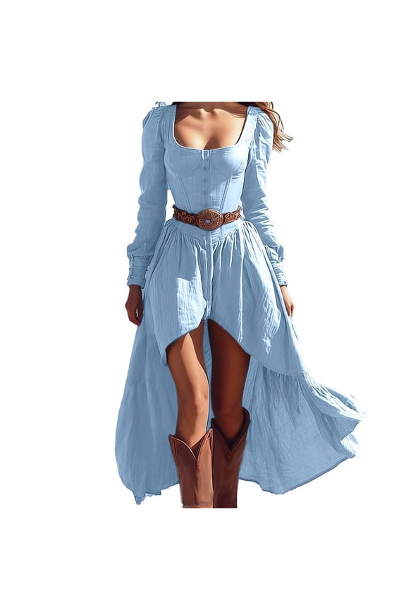 Women's Sexy Low Cut Western Cowgirl Corset Dresses Slim Fitted Vintage Long Sleeve Flowy High Low Maxi Dress