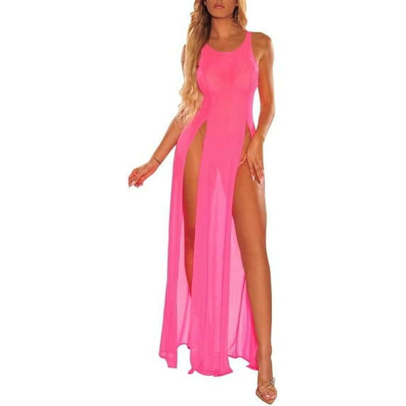 Women’s Sexy Mesh Dress Summer Cover Up Sheer Dress Skirt Sleeveless High Split Long Dress