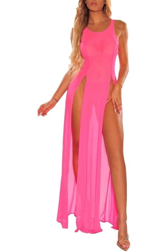 Women’s Sexy Mesh Dress Summer Cover Up Sheer Dress Skirt Sleeveless High Split Long Dress