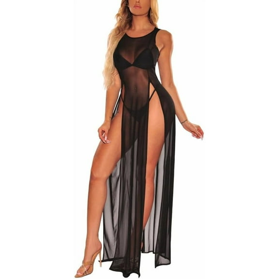 Women’s Sexy Mesh Dress Summer Cover Up Sheer Dress Skirt Sleeveless High Split Long Dress