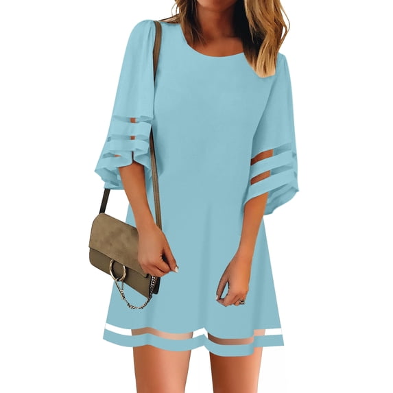 Women's Sexy Mesh Hem Dress Casual Crewneck Flowy Tunic Dress Size XL Air Blue
