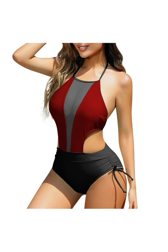 Women's Sexy Mesh Monokini Swimsuit - Halter Cutout One Piece with Crew Neck, 2025 Summer Beach & Spa Swimwear
