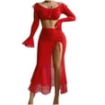 thumbnail image 1 of Women's Sexy Mesh Sheer Lingerie Sets Long Sleeve Off Shoulder Crop Top and Ruched Front Slit Ruffle Maxi Skirt Babydoll, 1 of 4