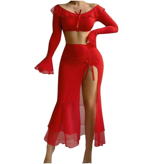 Women's Sexy Mesh Sheer Lingerie Sets Long Sleeve Off Shoulder Crop Top and Ruched Front Slit Ruffle Maxi Skirt Babydoll