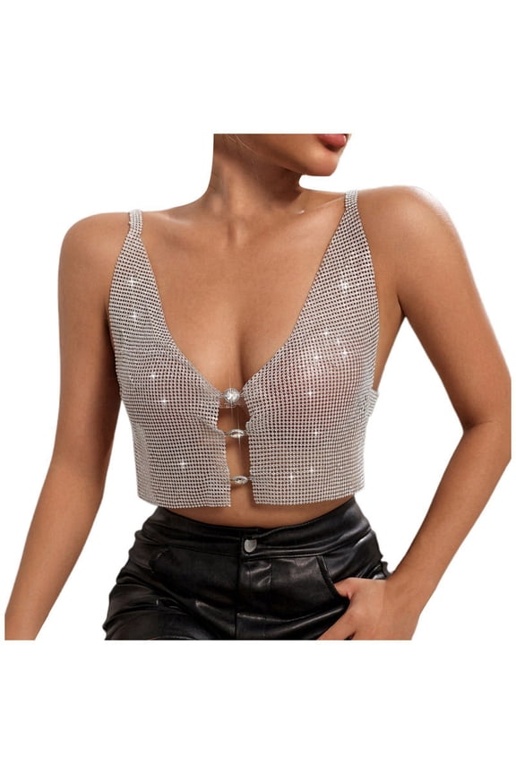 Women's Sexy Metallic Sequin Racerback Party Top Backless Crop Tank Shiny Evening Wear Plus Size Tunic Blouse