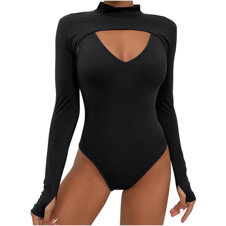 Women's Mock Neck Bodysuit Trendy Stretch Cutout Front Long Sleeve