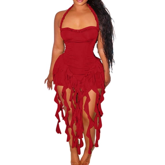 Women's Sexy Neck Sleeveless Irregular Dress - Backpack Design, Flowy Hem for Summer/Beach Parties