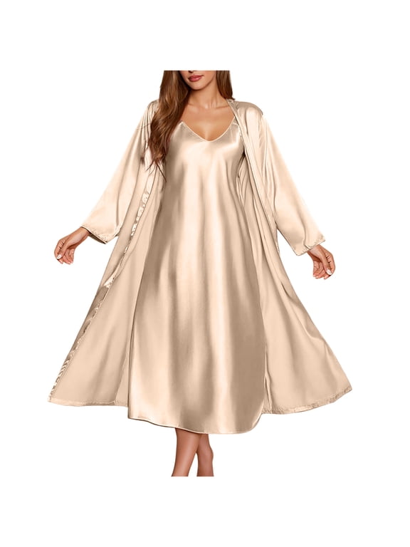 Women's Sexy Nightgown with Robes Set 2 Piece Long Satin Soft Nightwear Lightweight Bathrobes Sexy Wedding Bride Kimono Sleepwear Sets