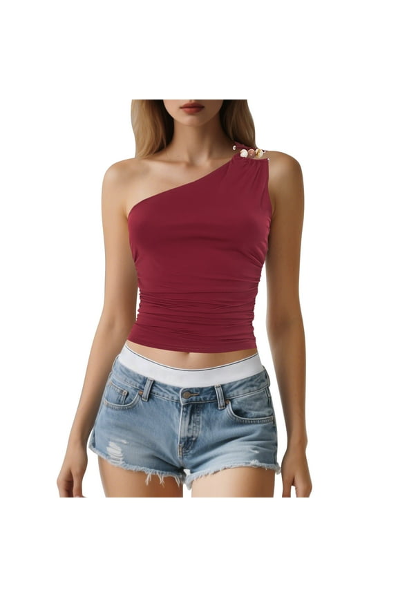 Women's Sexy Off Shoulder Beaded Crop Tank Top Casual Vacation Bodycon Camisole For Spring Summer With Jeans Skirts