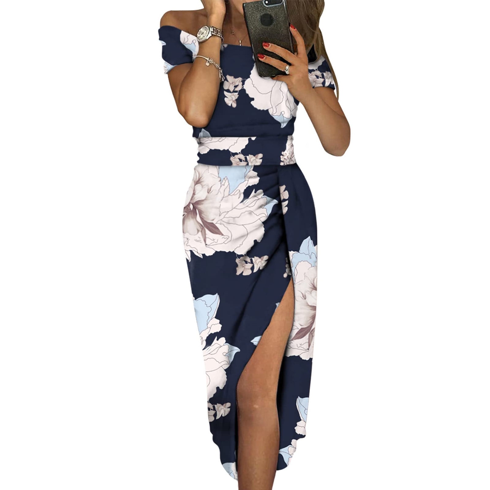 Women’s Off-Shoulder Bodycon Dress — Ruched High Waist Long Dress For Cocktail Parties - View #8