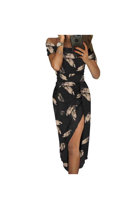 Women's Sexy Off Shoulder Floral Printed High Slit Waist Ruched Bodycon Evening Party Short Sleeve Dresses
