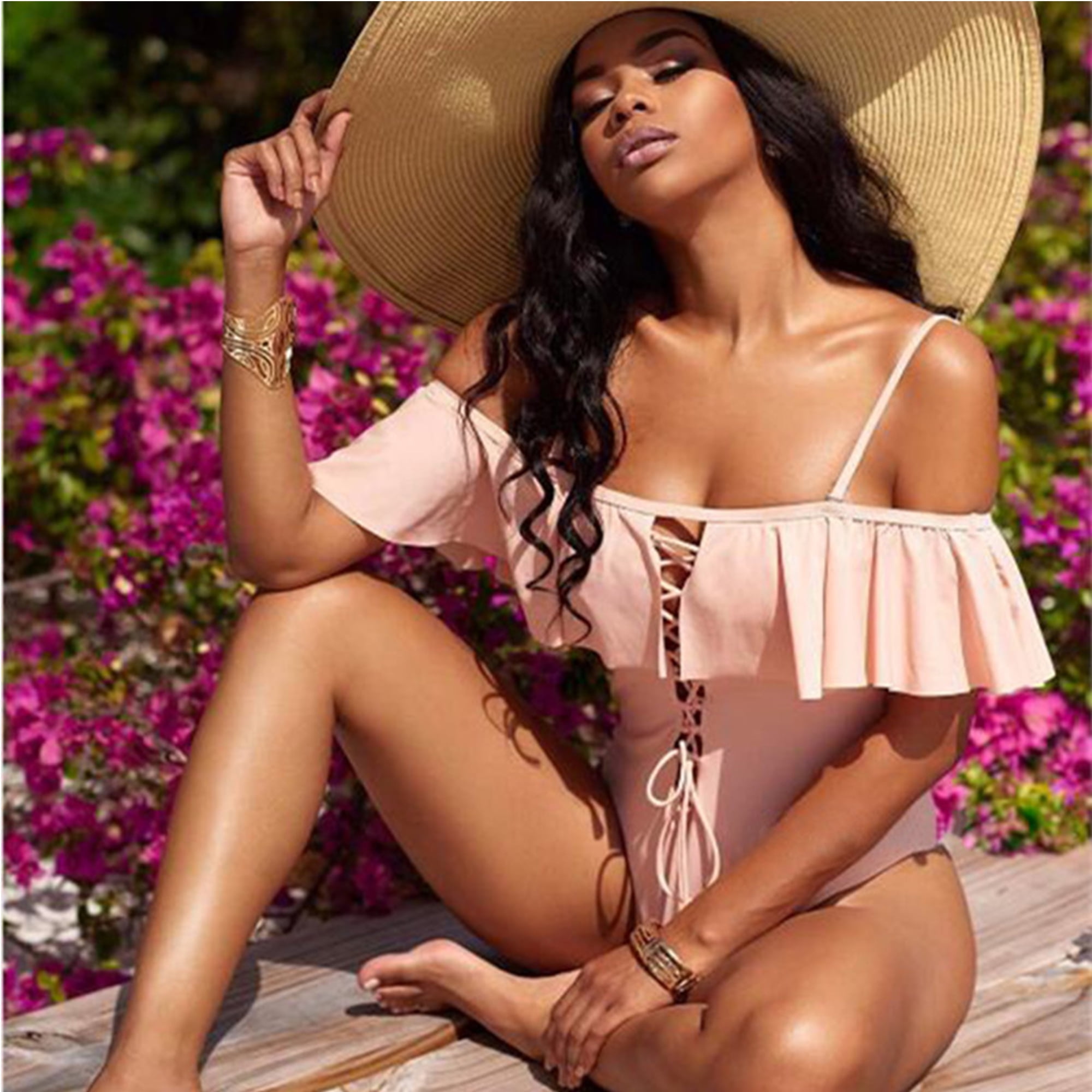 Women's Sexy Off Shoulder Lace up One-Piece Swimsuit Flounce Ruffled  Swimwear Pink Small