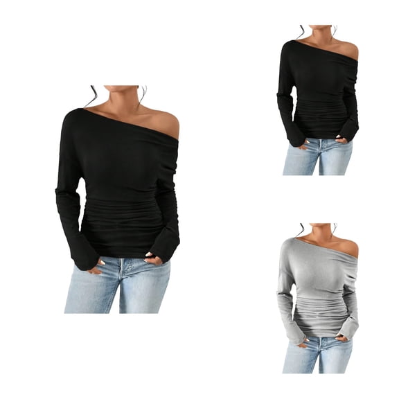 Women's Sexy Off-Shoulder Long Sleeve Blouse – Asymmetrical Slim Fit Ruched Tight Top for Going Out, Fall Casual Boat Neck Pullover Tunic