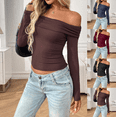 thumbnail image 1 of Women's Sexy Off-Shoulder Top Stretchy Slim Fit Long Sleeve Ruffle Blouse Going Out Shirt for Date Night Essential, 1 of 6