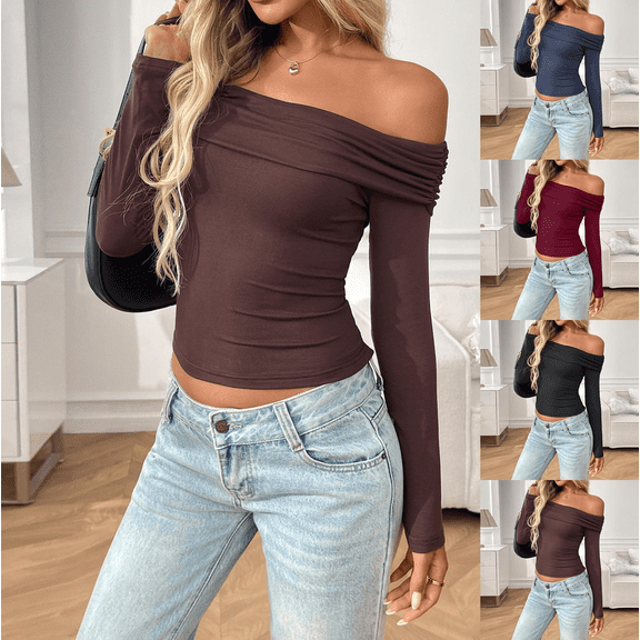 Women's Sexy Off-Shoulder Top Stretchy Slim Fit Long Sleeve Ruffle Blouse Going Out Shirt for Date Night Essential