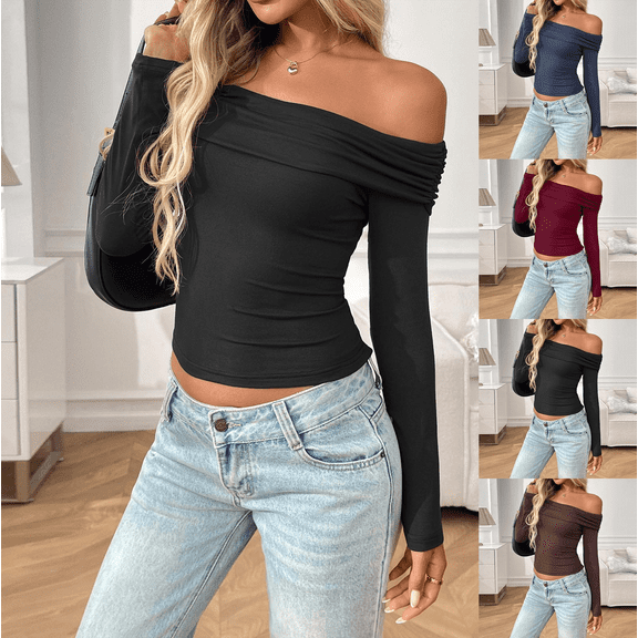 Women's Sexy Off-Shoulder Top Stretchy Slim Fit Long Sleeve Ruffle Blouse Going Out Shirt for Date Night Essential