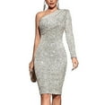 thumbnail image 1 of Women's Sexy One Shoulder Long Sleeve Sequin Sparkle Dress Ruched Evening Gown Midi Formal Dresses, 1 of 8