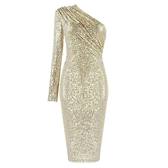 Women's Sexy One Shoulder Long Sleeve Sequin Sparkle Dress Ruched Evening Gown Midi Formal Dresses