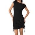 thumbnail image 1 of Women's Sexy One Shoulder Ruched Bodycon Mini Dress Drawstring Ribbed Graduation Gown, 1 of 6