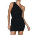 thumbnail image 1 of Women's Sexy One Shoulder Ruched Sleeveless Bodycon Stretchy Mini Pencil Club Dress Solid Color, 1 of 6