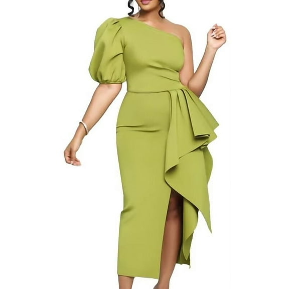 Women's Sexy One Shoulder Ruffle Midi Party Dress Party Long Evening Dress