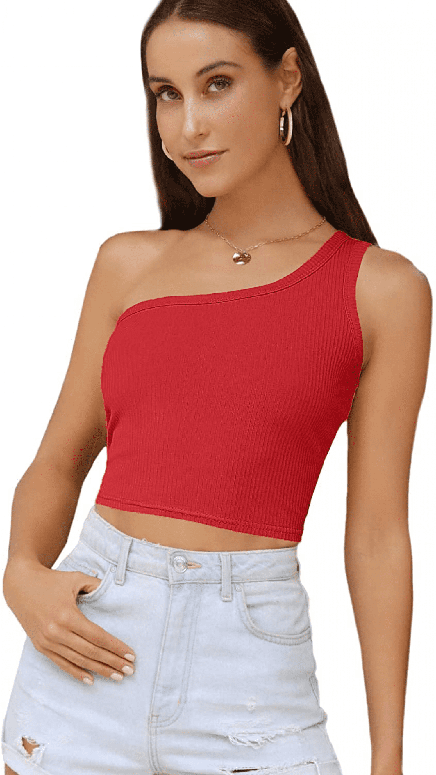 Women's Sexy One Shoulder Sleeveless Ribbed Crop Top, Red (XL) 