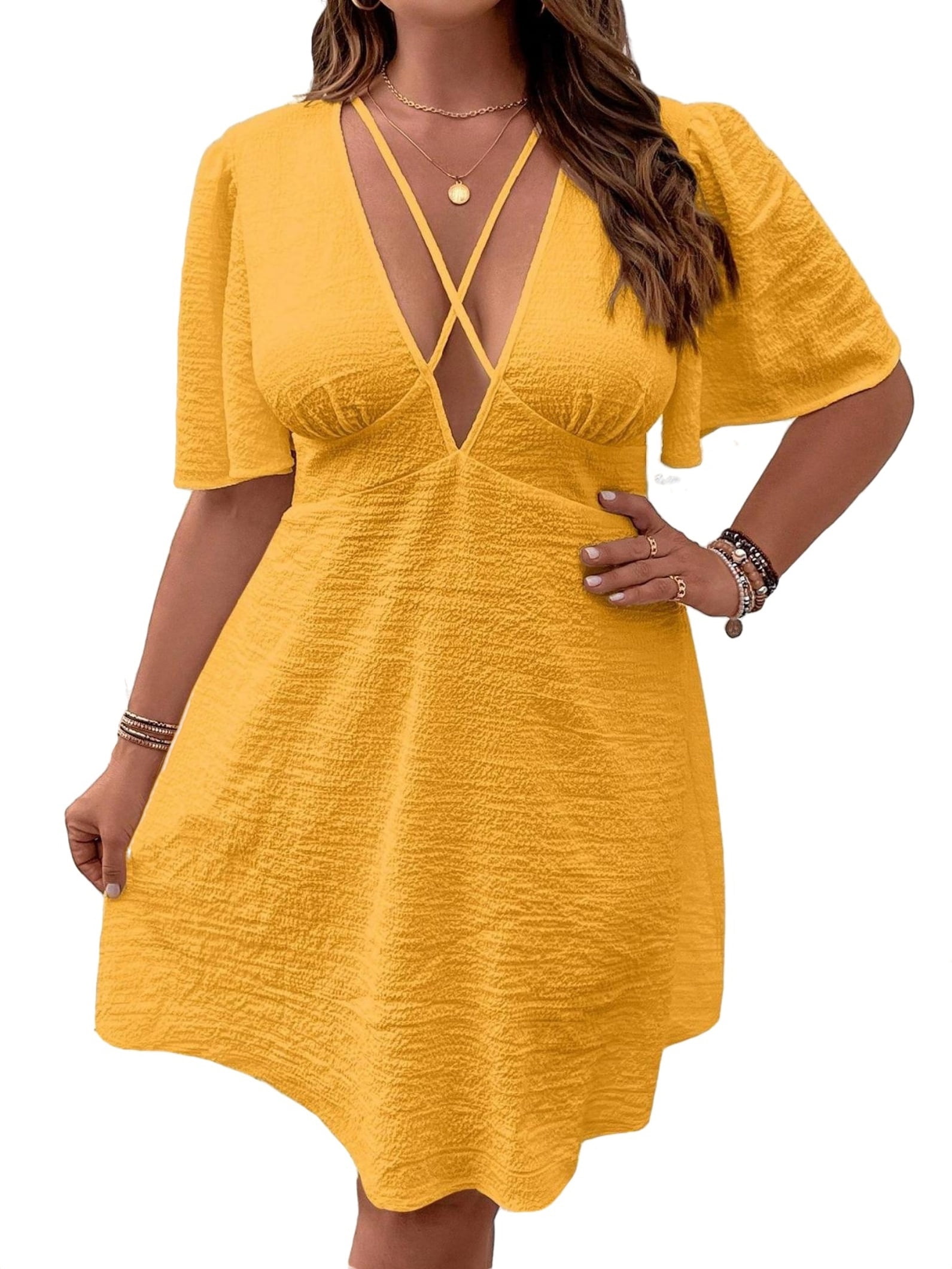 Women s Sexy Plain A Line Deep V Neck Mustard Yellow Short Sleeve