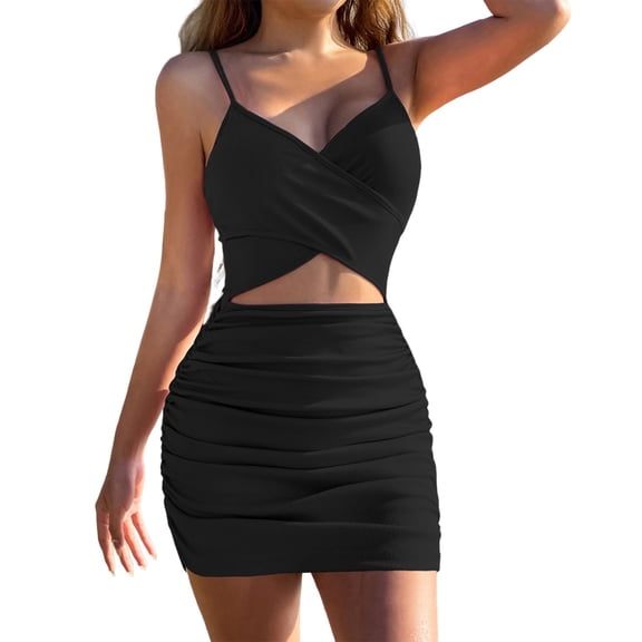 Women's Sexy Pleated Hollow Out Solid Color Party Night Dress, Black, XS