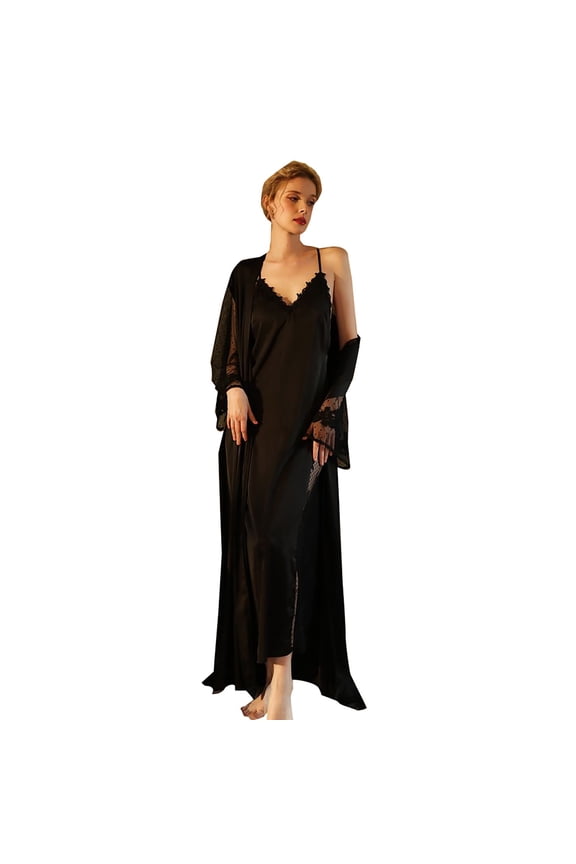 Women's Sexy Polka Dot Lace Sleeve Satin Bathrobe - Soft Fabric - S-L Sizes