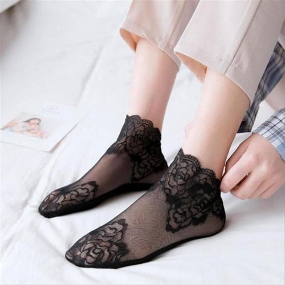 Women's Sexy Rose Pattern Lace Mesh Socks, Sheer Hollow Out Non Slip Cotton Sole Short Ankle Toe Socks, Stretchy Breathable Polyester One Size Fashion Socks for Women Daily Gift 1 Pair Black