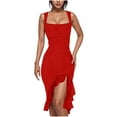 thumbnail image 1 of Women's Sexy Ruched Bodycon Midi Dresses Square Neck Sleeveless Side Split Ruffle Hem Cocktail Party Tank Dress, 1 of 3