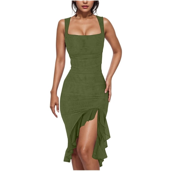 Women's Sexy Ruched Bodycon Midi Dresses Square Neck Sleeveless Side Split Ruffle Hem Cocktail Party Tank Dress