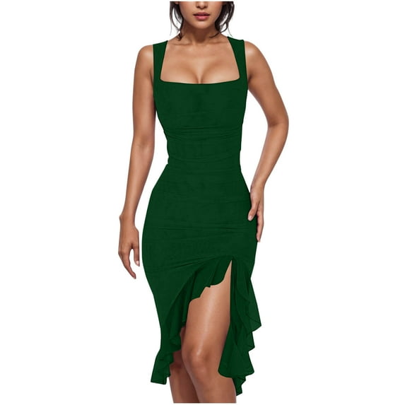 Women's Sexy Ruched Bodycon Midi Dresses Square Neck Sleeveless Side Split Ruffle Hem Cocktail Party Tank Dress