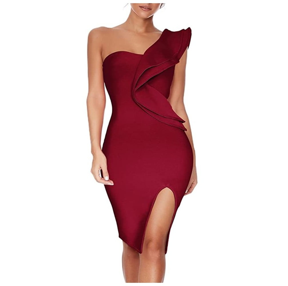 Women's Sexy Ruffle One Shoulder Bodycon Side Slit Midi Pencil Bandage Dress  M - Walmart.com