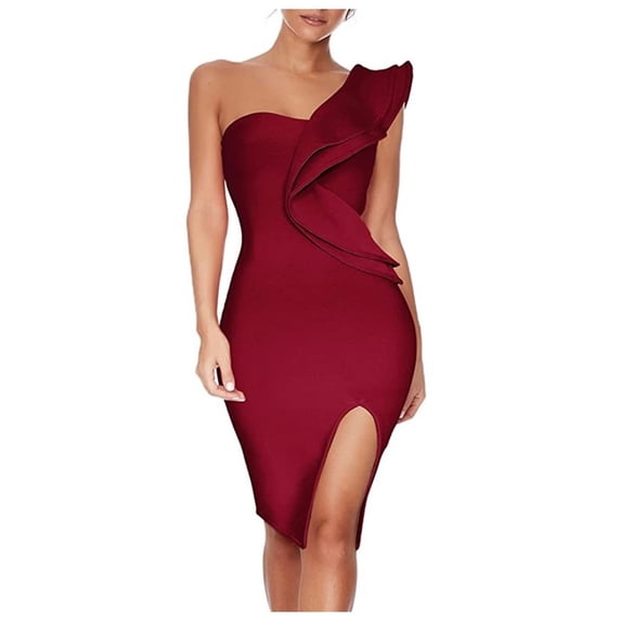 Women's Sexy Ruffle One Shoulder Bodycon Side Slit Midi Pencil Bandage Dress M