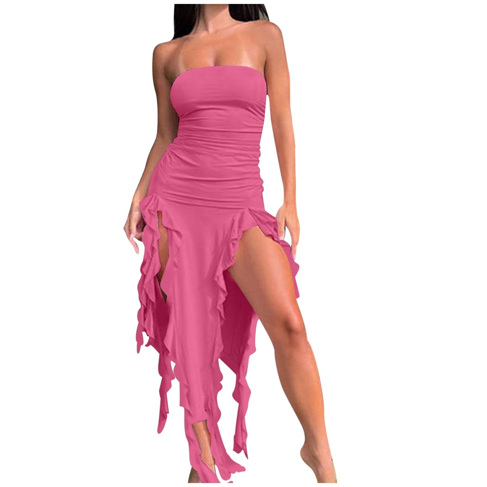 chinese dress ladies Strapless Pink Fitted Ruffle Dress – Ohmollydress main image 0