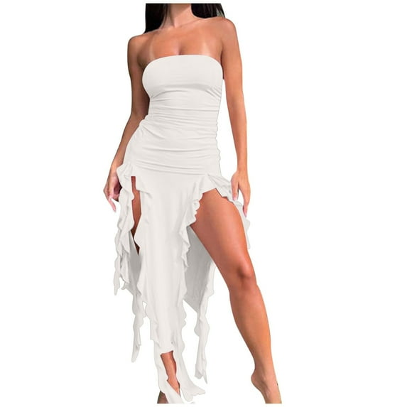 Women's Sexy Ruffle Strapless Maxi Dress Irregular Floral Tassel Split Ruched Bodycon Evening Party Tube Dresses