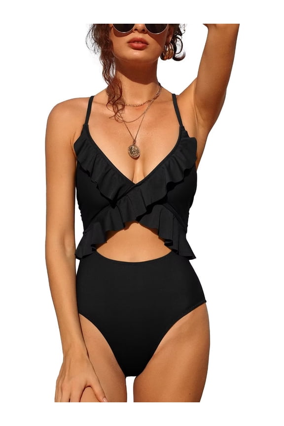 Women's Sexy Ruffled V Neck Bathing Suits Monkini Cross Tied Slimming One Piece Swimwear
