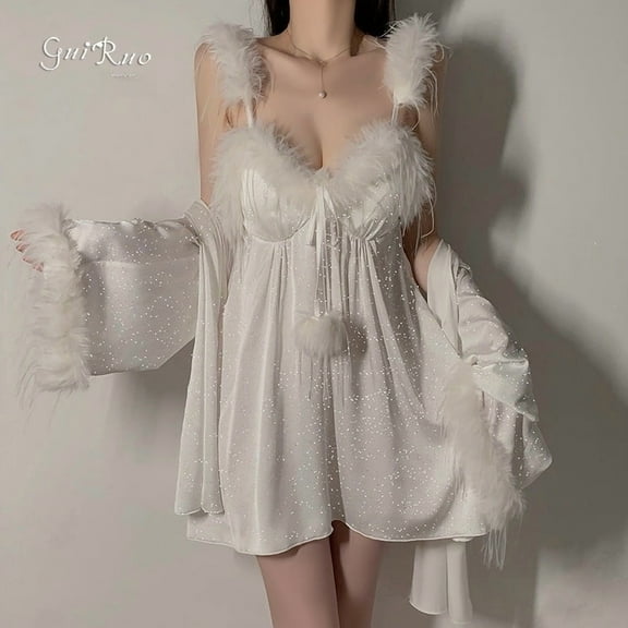 Women's Sexy Satin Chemise Nightie & Robe Set with Padded Cup | For Honeymoon, Valentine's Gift，Christmas gift