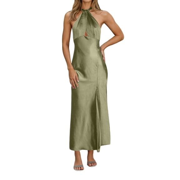Women's Sexy Satin Party Dress Elegant Neck Long Slit Evening Gown For Dinner Party Night Out Spring Summer